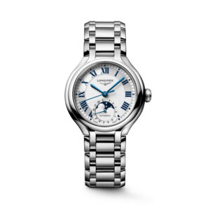 Longines, PrimaLuna with a 34mm stainless steel case and bracelet strap featuring a moonphase and an opaline ivory coloured dial.