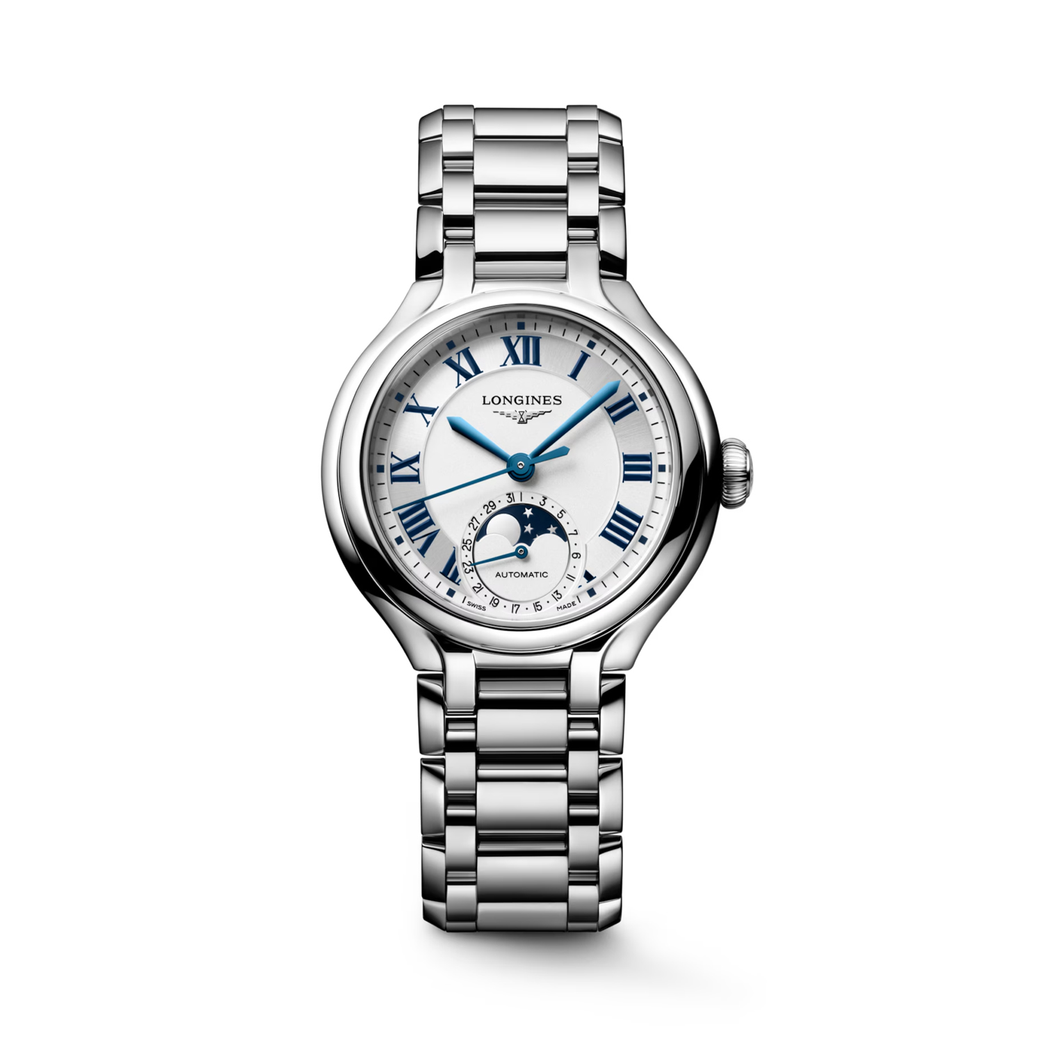 Longines, PrimaLuna Moonphase, Automatic Women's Watch Longines, PrimaLuna with a 34mm stainless steel case and bracelet strap featuring a moonphase and an opaline ivory coloured dial.