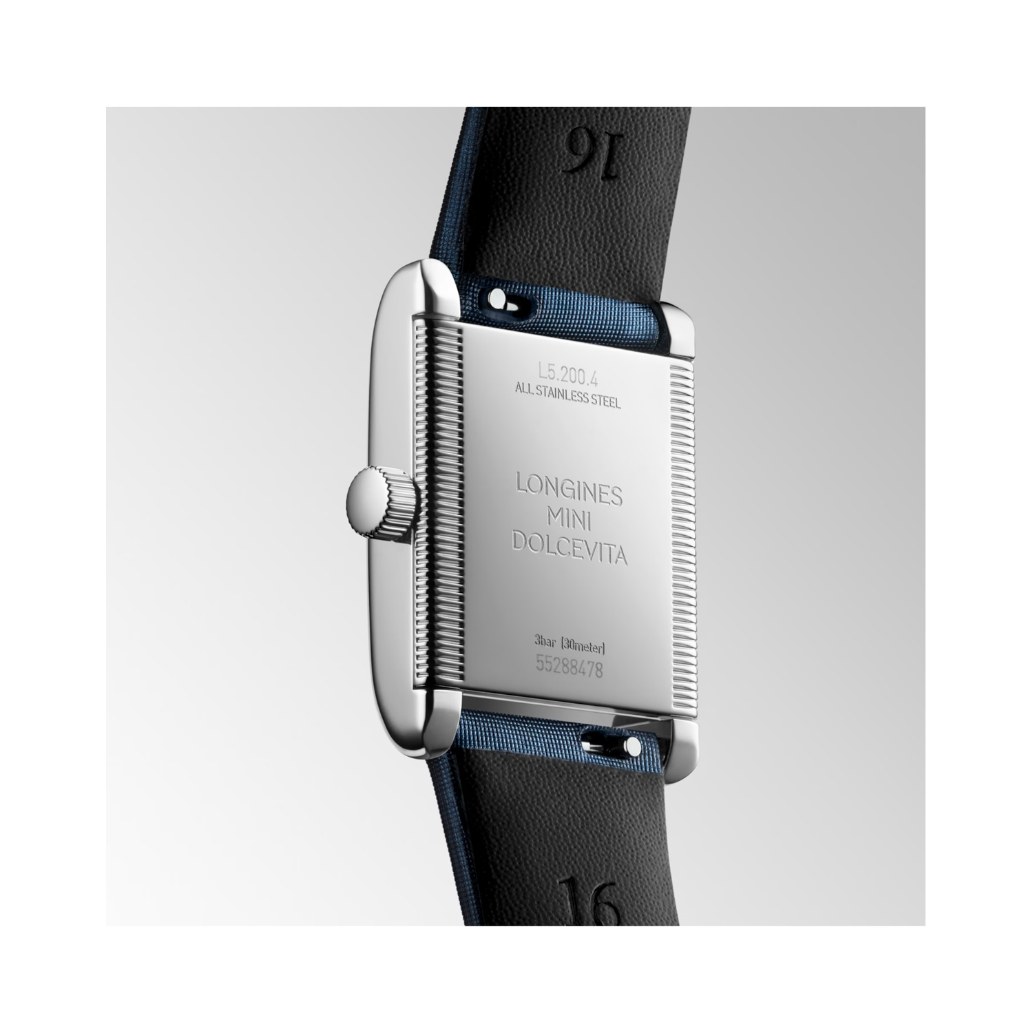 Longines, Mini DolceVita with a 21.5mm stainless steel case and a blue leather strap featuring a small seconds complication and a diamond 'snow set' mother of pearl dial.