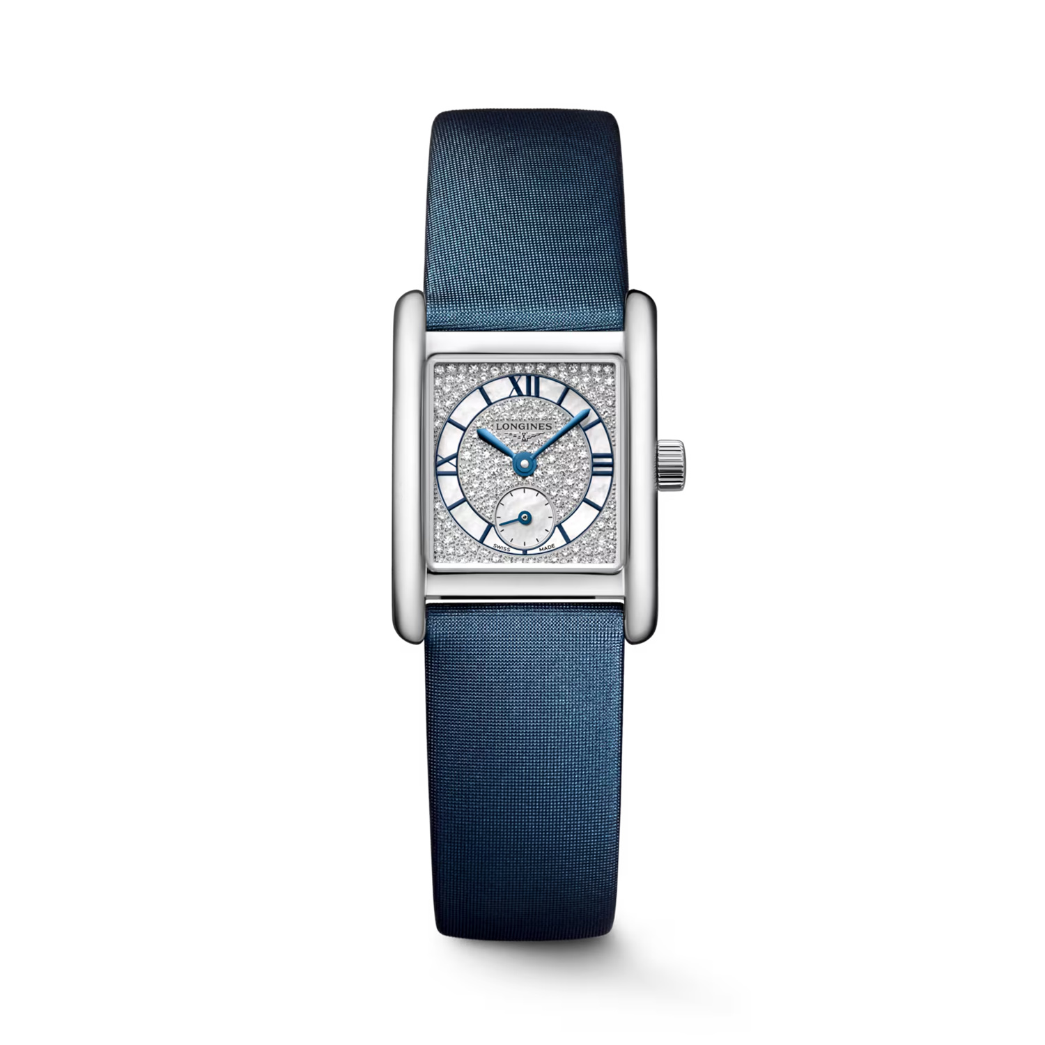 Longines, Mini DolceVita with a 21.5mm stainless steel case and a blue leather strap featuring a small seconds complication and a diamond 'snow set' mother of pearl dial.