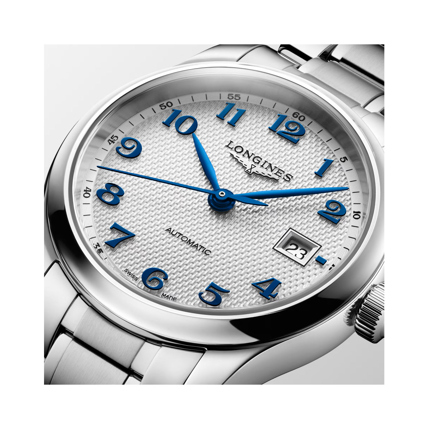 Longines, Master Collection with a 30mm stainless steel case and bracelet strap featuring a date function and a silver 'barleycorn' dial.