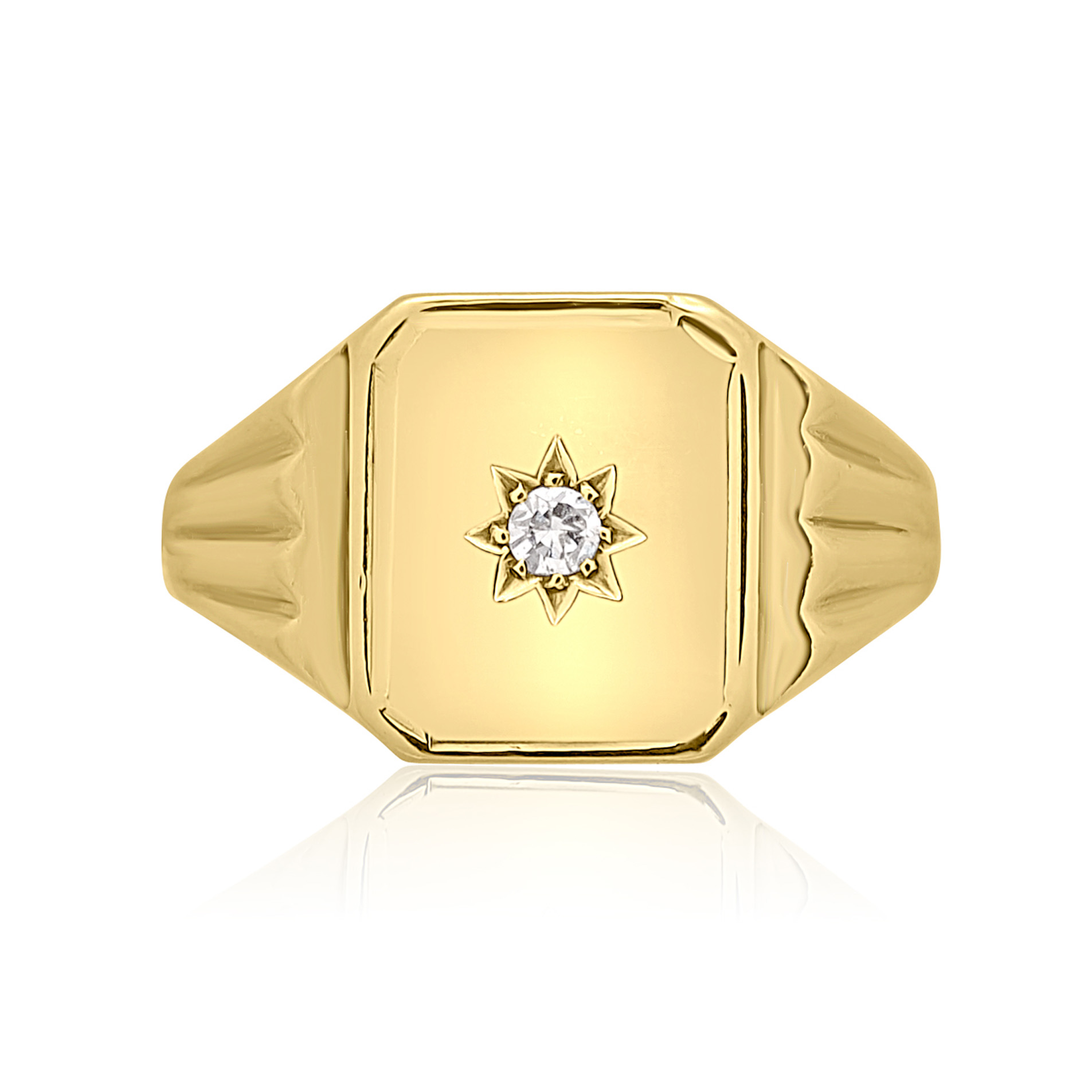 A 9ct yellow gold oblong shaped signet ring set with a single diamond.