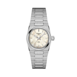 Tissot, PRX with a 25mm stainless steel case and bracelet strap featuring a white mother of pearl dial.