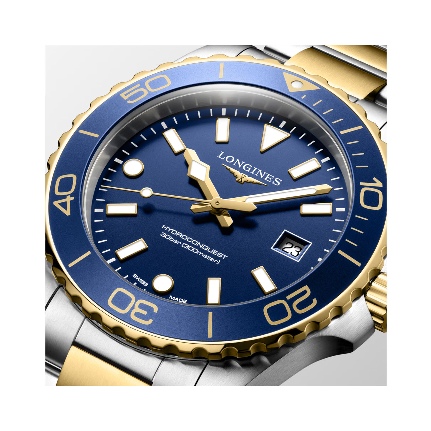 Longines, HydroConquest Blue Dial Two-Tone, Quartz Men's Watch Longines, HydroConquest with a 42mm stainless steel and yellow gold PVD coated case and bracelet strap featuring a date function and a blue dial and bezel.