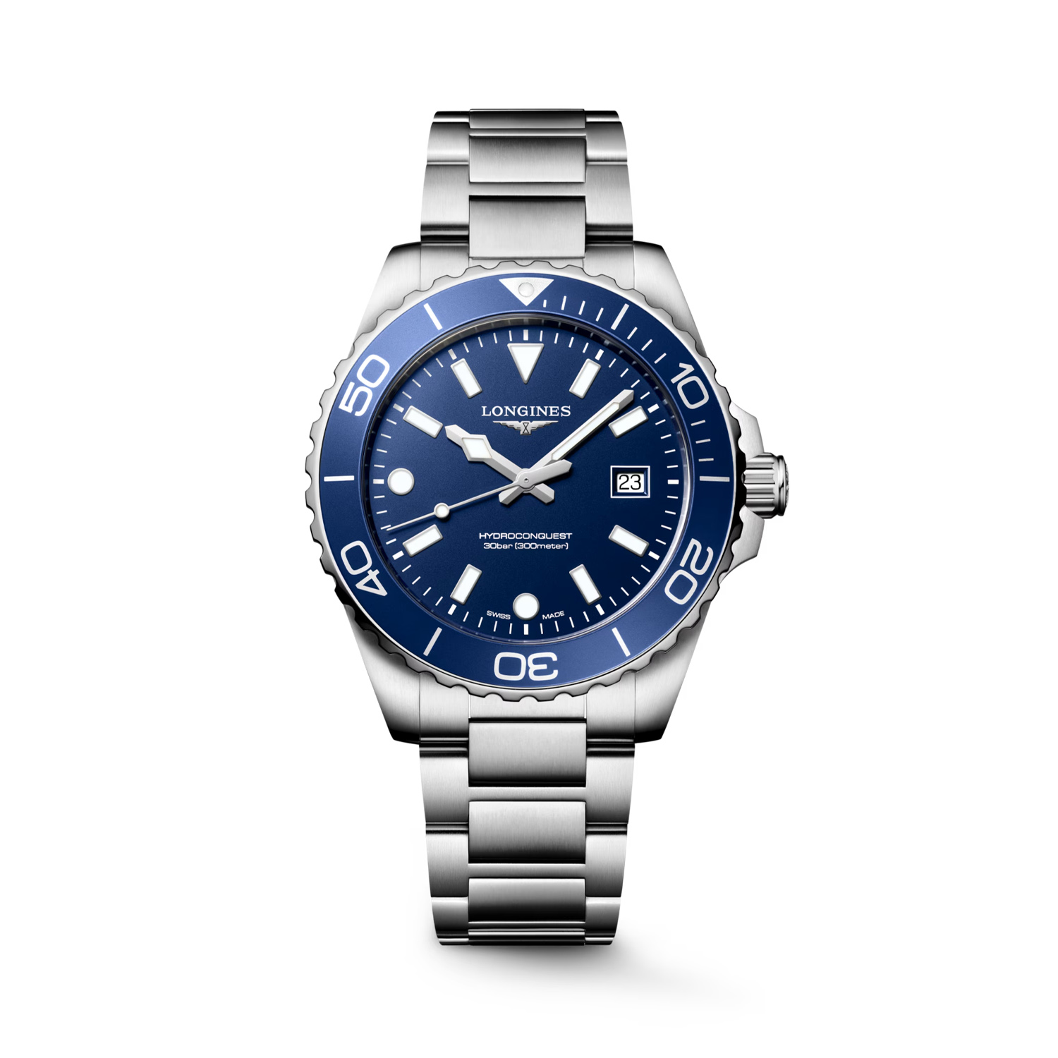 Longines, HydroConquest with a 42mm stainless steel case and bracelet strap featuring a date function and a blue dial with a blue bezel.