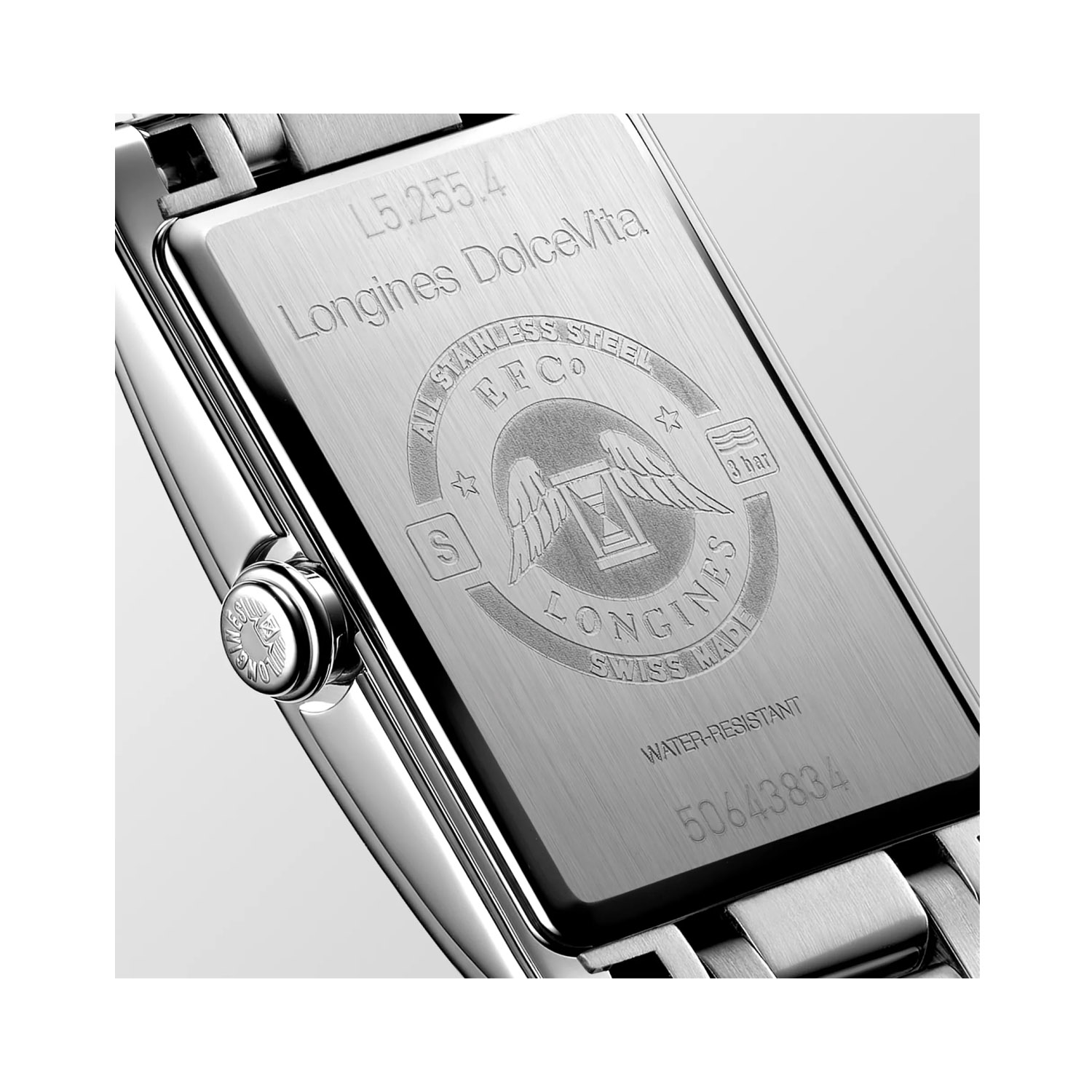 Longines, DolceVita Silver Roman Dial, Quartz Women's Watch Longines, DolceVita with a 20.80mm stainless steel case and bracelet strap featuring a small seconds hand on a silver "flinqué" dial.