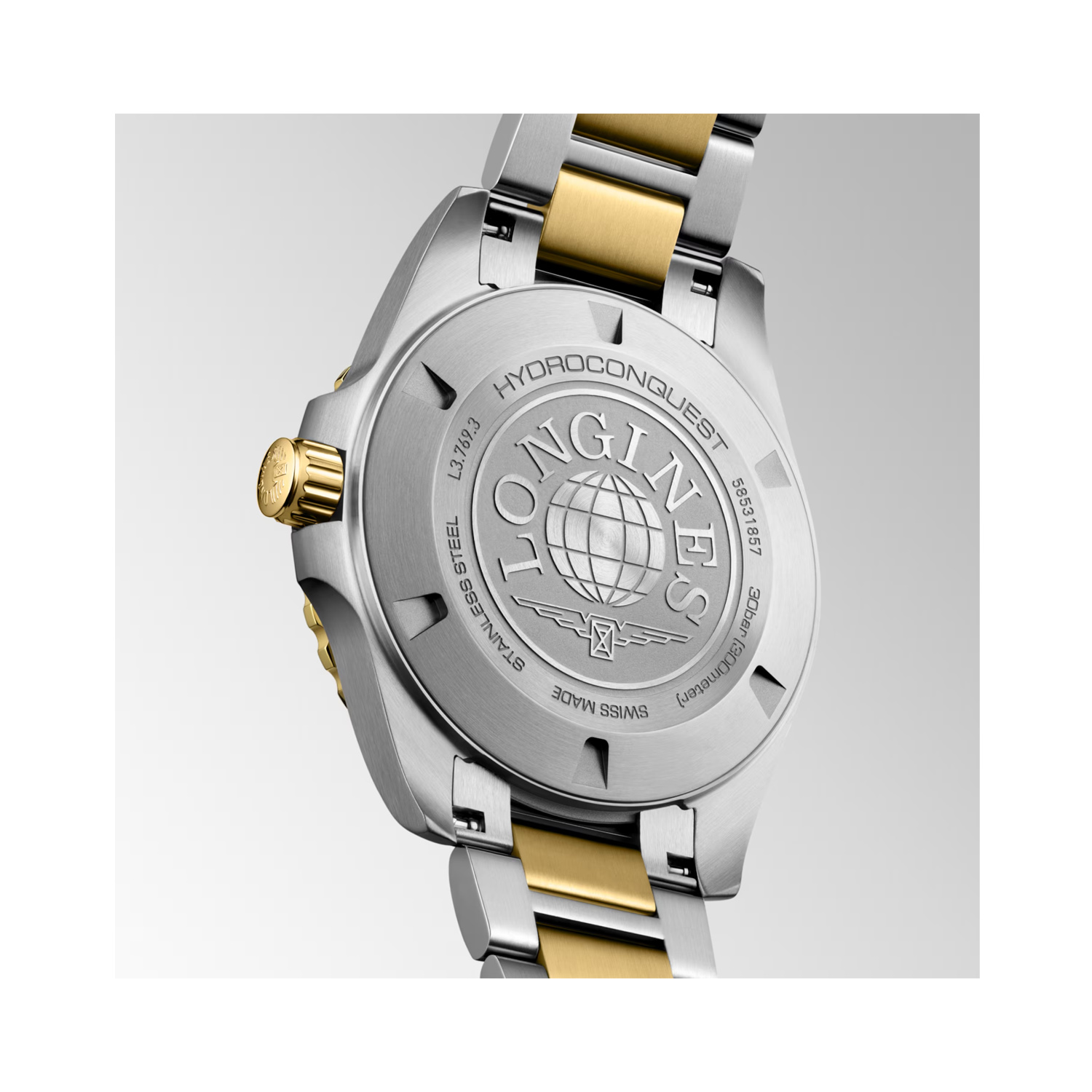 Longines, HydroConquest with a 42mm stainless steel and yellow gold PVD coated case and bracelet strap featuring a date function and a black dial and bezel.