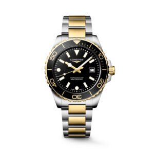 Longines, HydroConquest with a 42mm stainless steel and yellow gold PVD coated case and bracelet strap featuring a date function and a black dial and bezel.
