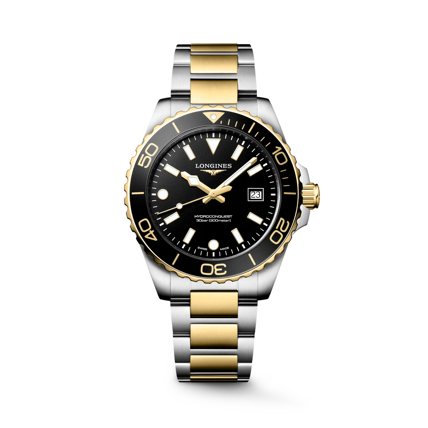 Longines, HydroConquest with a 42mm stainless steel and yellow gold PVD coated case and bracelet strap featuring a date function and a black dial and bezel.