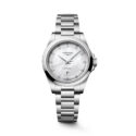 Longines, Conquest with a 30mm stainless steel case and bracelet strap featuring a date function and a white mother of pearl diamond set dial.
