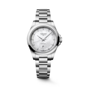 Longines, Conquest with a 30mm stainless steel case and bracelet strap featuring a date function and a white mother of pearl diamond set dial.