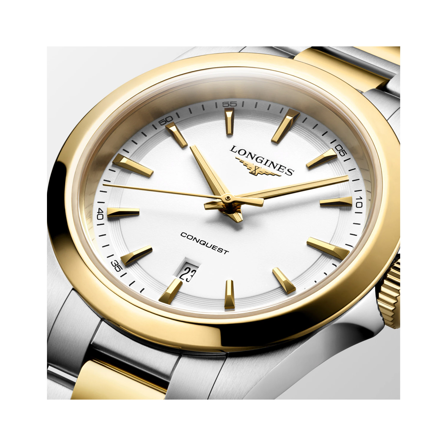 Longines, Conquest White Two-Tone, Quartz Women's Watch Longines, Conquest with a 30mm stainless steel and yellow gold PVD coated case and bracelet strap featuring a date function and a white sandblasted dial.