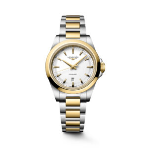 Longines, Conquest with a 30mm stainless steel and yellow gold PVD coated case and bracelet strap featuring a date function and a white sandblasted dial.
