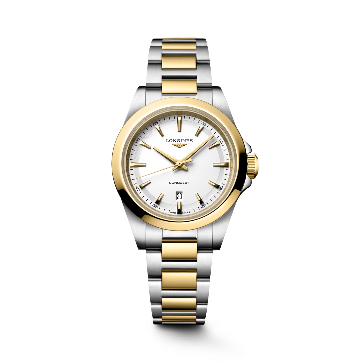 Longines, Conquest White Two-Tone, Quartz Women's Watch Longines, Conquest with a 30mm stainless steel and yellow gold PVD coated case and bracelet strap featuring a date function and a white sandblasted dial.