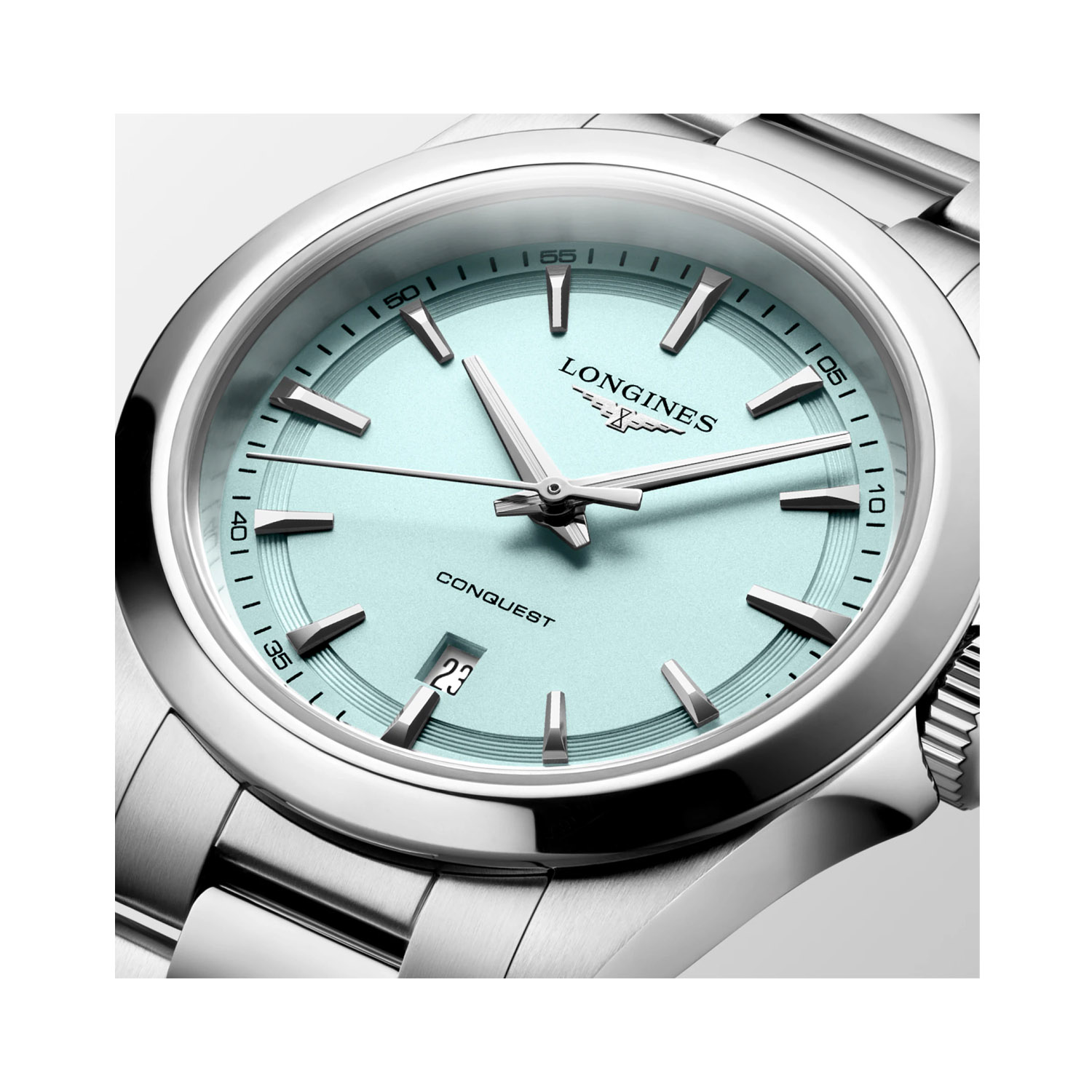 Longines, Conquest Mint Blue, Quartz Women's Watch Longines, Conquest with a 30mm stainless steel case and bracelet strap featuring a date function with a mint blue sandblasted dial.
