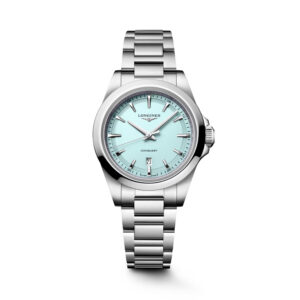Longines, Conquest with a 30mm stainless steel case and bracelet strap featuring a date function with a mint blue sandblasted dial.