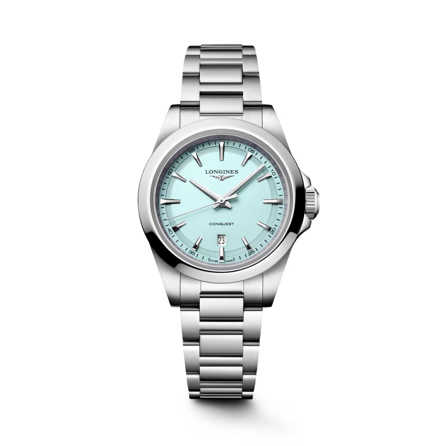 Longines, Conquest Mint Blue, Quartz Women's Watch Longines, Conquest with a 30mm stainless steel case and bracelet strap featuring a date function with a mint blue sandblasted dial.