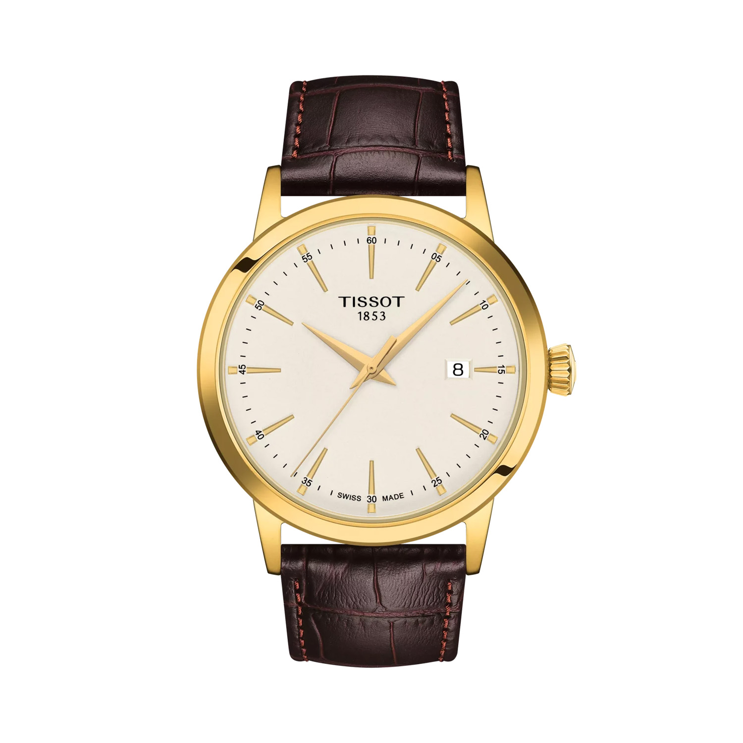 Tissot, Classic Dream Ivory Dial, Quartz Women's Watch Tissot, Classic Dream with a 42mm stainless steel yellow gold PVD coated case and a brown leather strap featuring a date function and an ivory coloured dial.