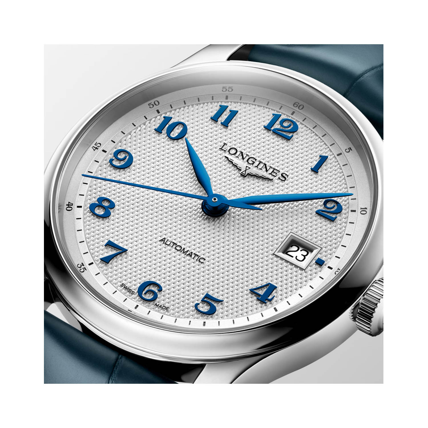 Longines, Master Collection with a 39mm stainless steel case and bracelet strap featuring a date function and a silver 'barleycorn' patterned dial.
