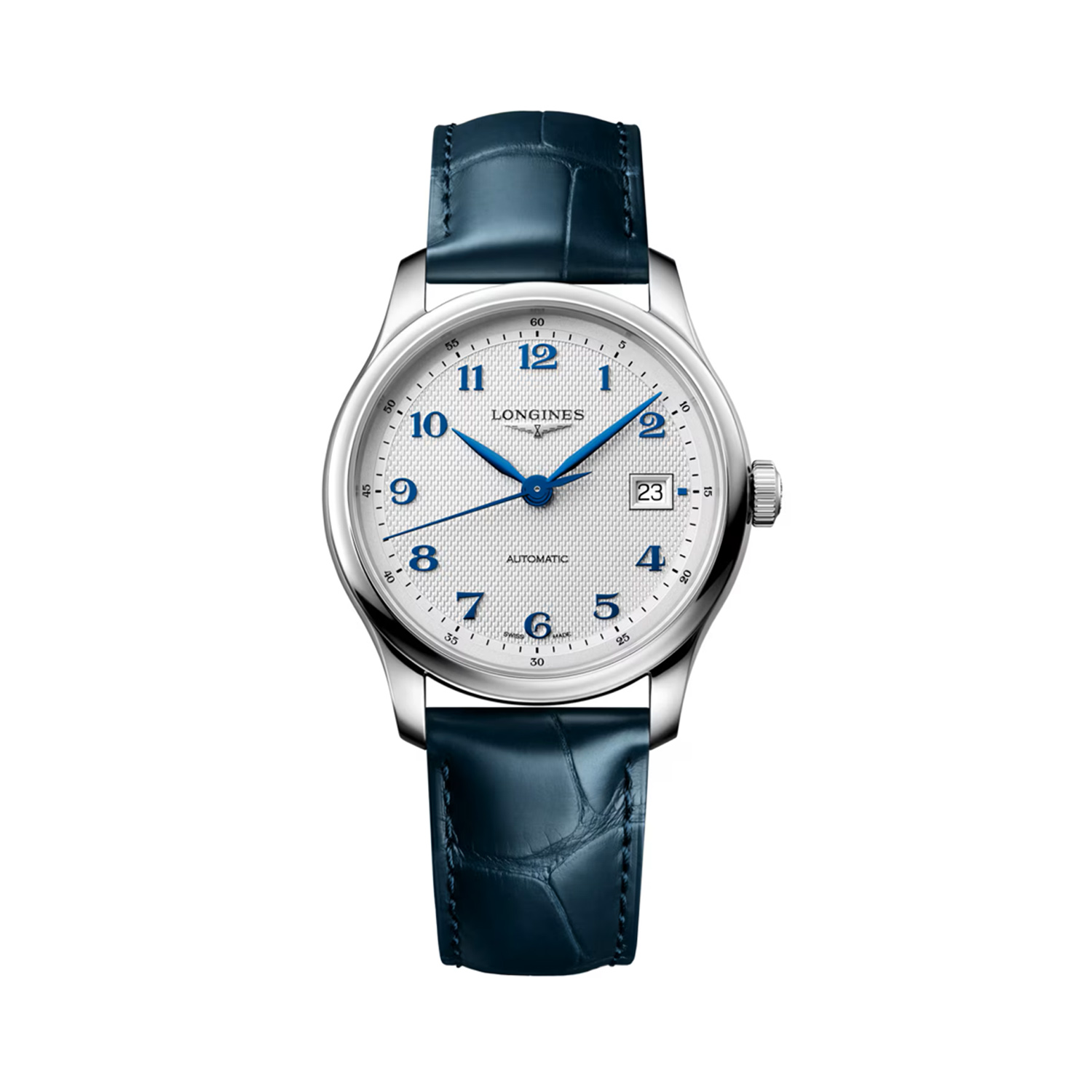 Longines, Master Collection with a 39mm stainless steel case and bracelet strap featuring a date function and a silver 'barleycorn' patterned dial.