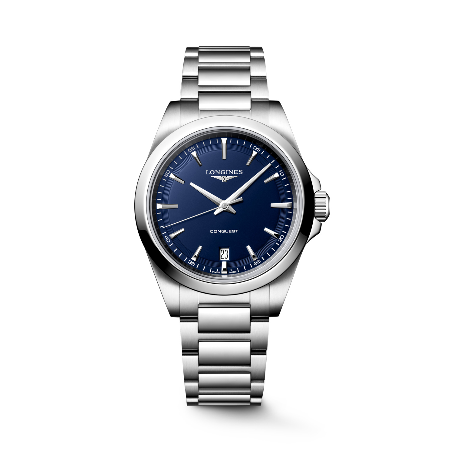 Longines, Conquest with a 38mm stainless steel case and bracelet strap featuring a date function and a blue dial.