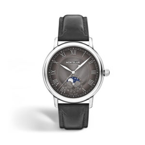 Montblanc, Star Legacy with a 42mm stainless steel case and a grey leather strap featuring a moonphase on an anthracite sfumato dial.
