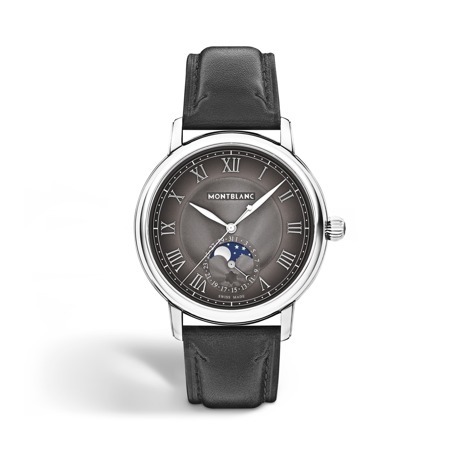 Montblanc, Star Legacy Moonphase, Automatic Men's Watch Montblanc, Star Legacy with a 42mm stainless steel case and a grey leather strap featuring a moonphase on an anthracite sfumato dial.
