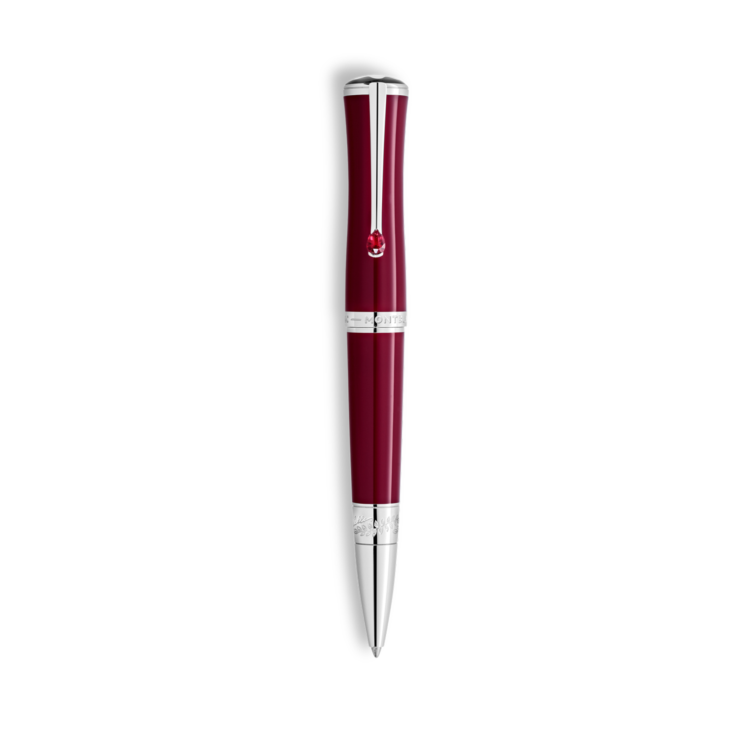 A Montblanc, Muses Maria Callas Special Edition Ballpoint pen crafted in ruby-coloured precious resin featuring a platinum coated clip.