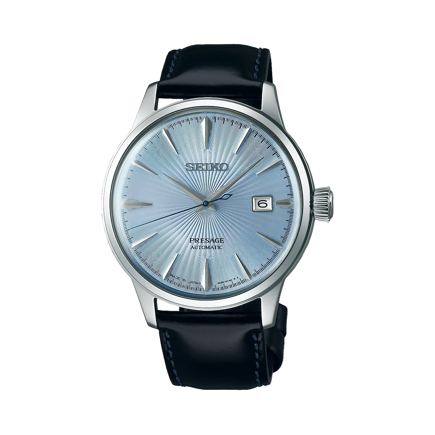 Seiko, Presage Cocktail Time ‘Skydiving’, Automatic Men’s 40.5mm Watch Seiko, Presage Cocktail Time 'Skydiving' with a 40.5mm stainless steel case and black leather strap featuring a date function and a blue patterned dial.
