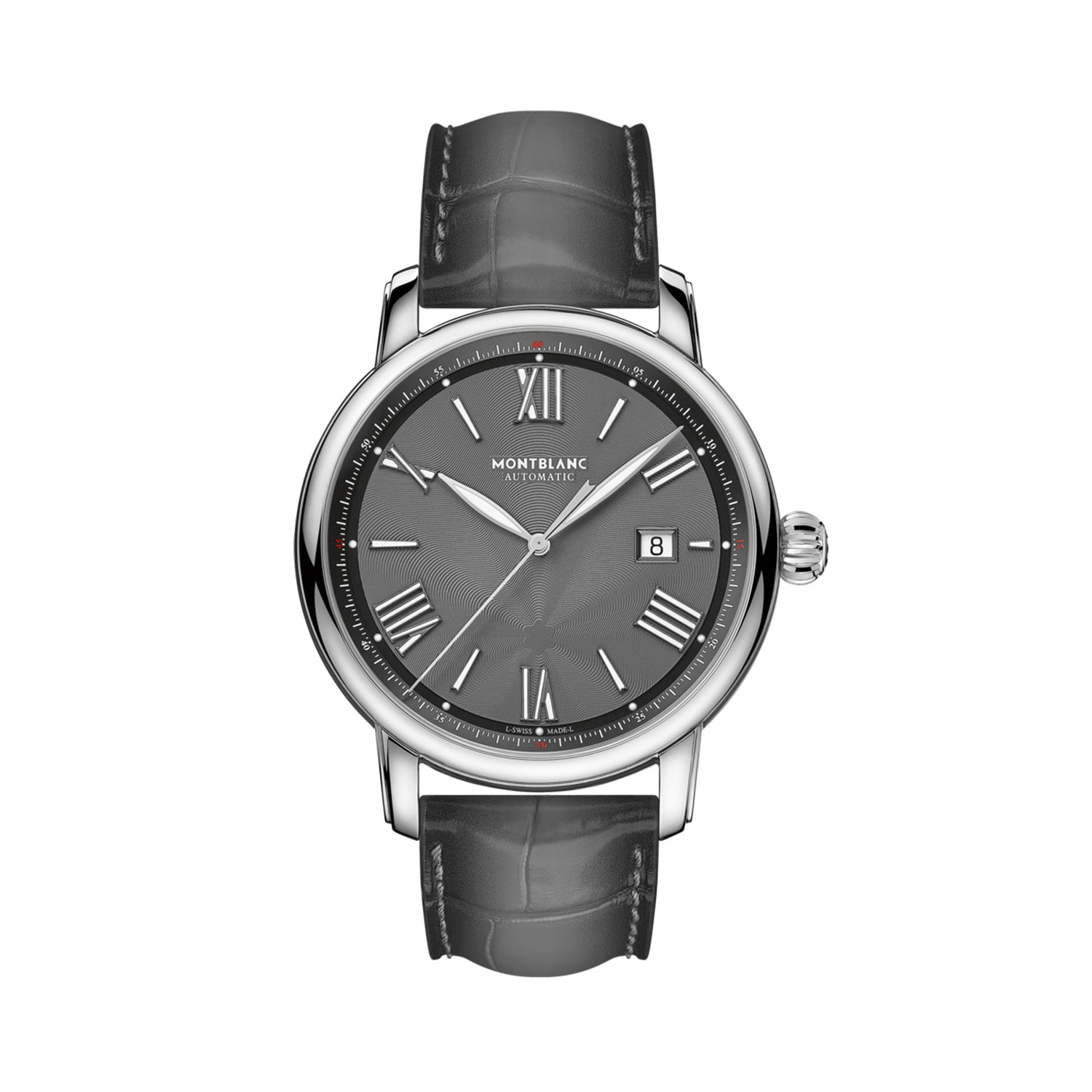 Montblanc, Star Legacy with a 43mm stainless steel case and a grey leather strap featuring a date function and a grey dial.