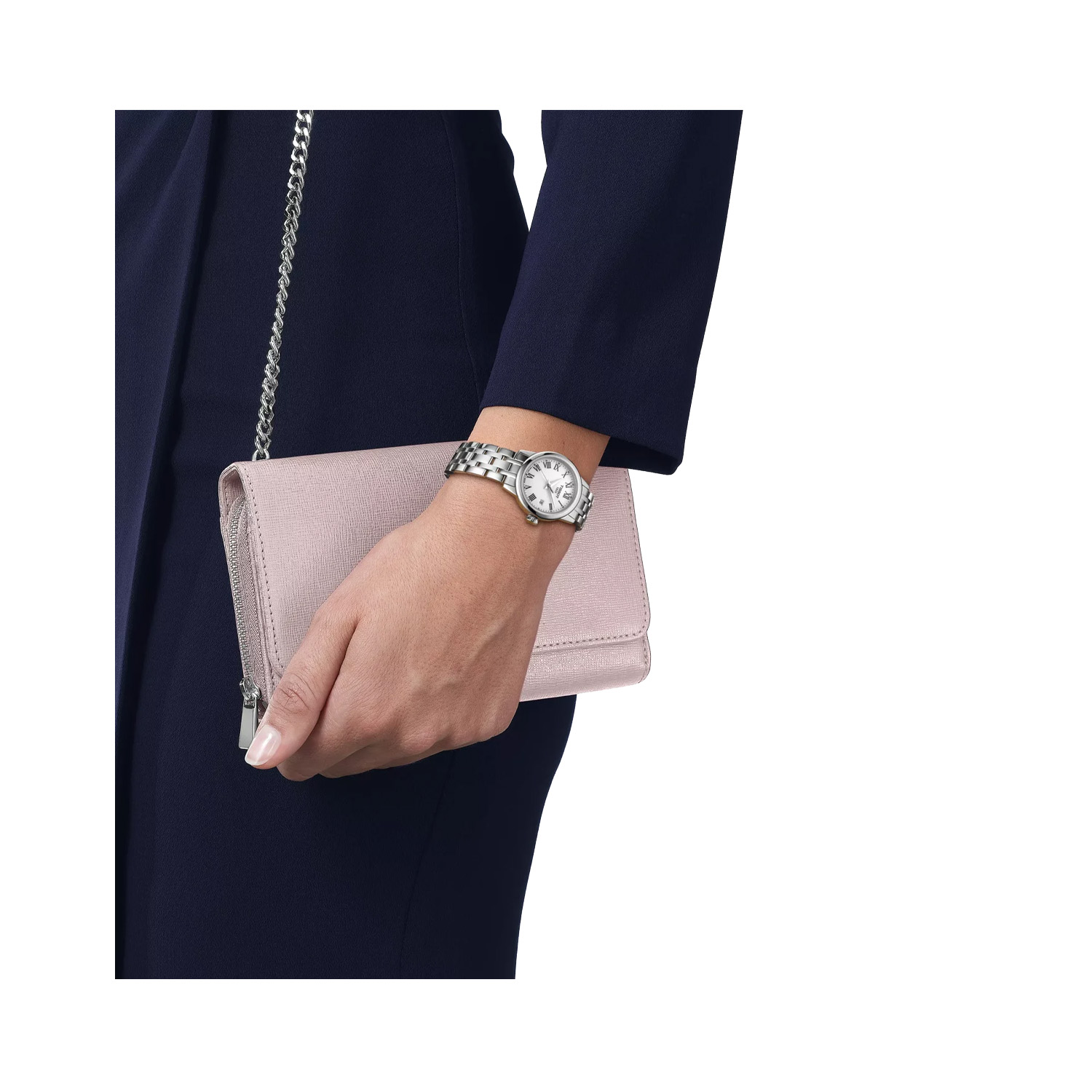 Tissot, Classic Dream with a 28mm stainless steel case and bracelet strap featuring a date function and a white dial.