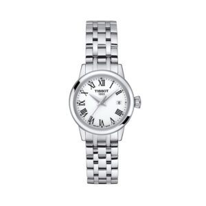 Tissot, Classic Dream with a 28mm stainless steel case and bracelet strap featuring a date function and a white dial.