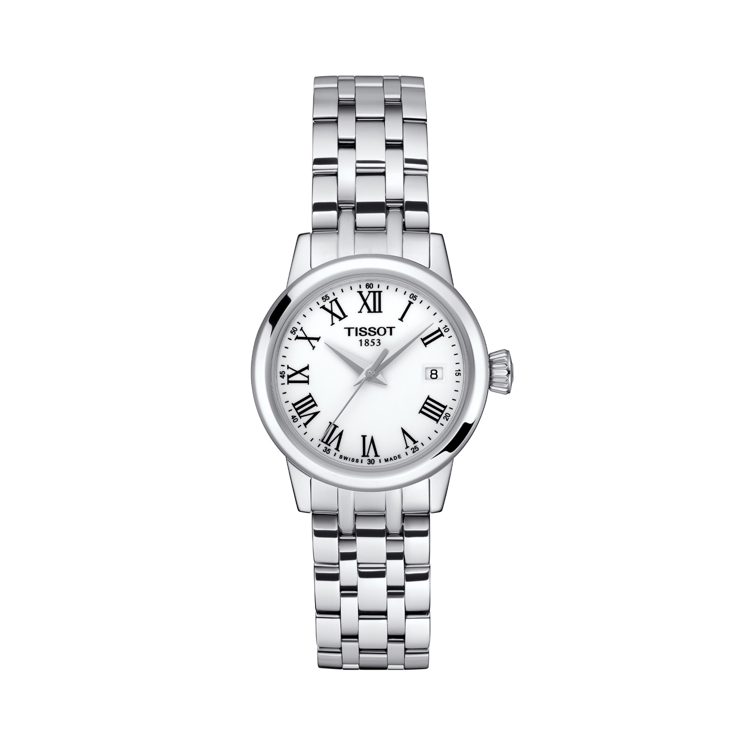 Tissot, Classic Dream with a 28mm stainless steel case and bracelet strap featuring a date function and a white dial.