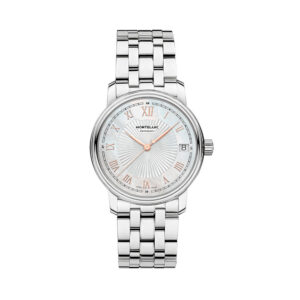 Montblanc, Tradition with a 32mm stainless steel case and a bracelet strap featuring a date function and a mother of pearl dial.