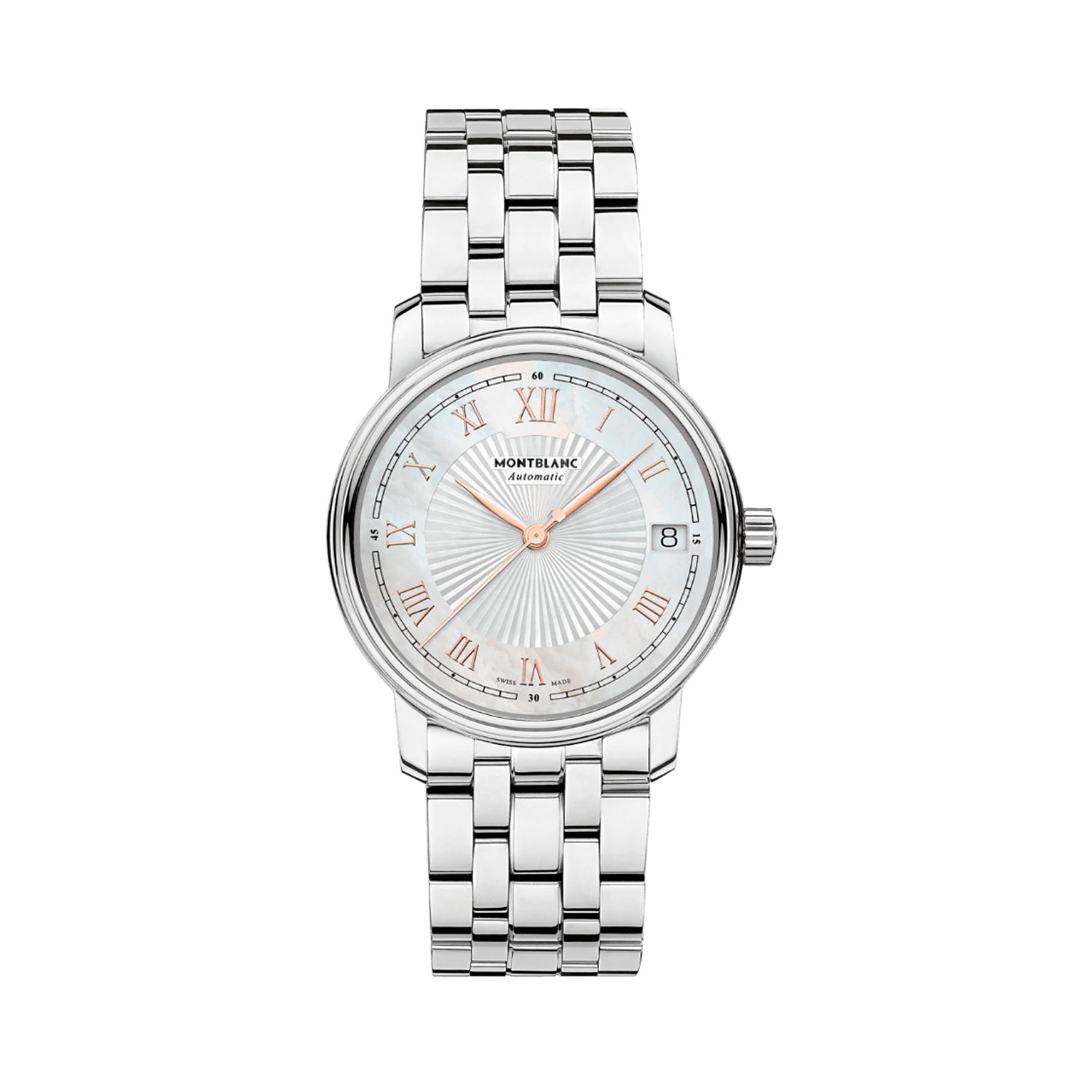 Montblanc, Tradition with a 32mm stainless steel case and a bracelet strap featuring a date function and a mother of pearl dial.