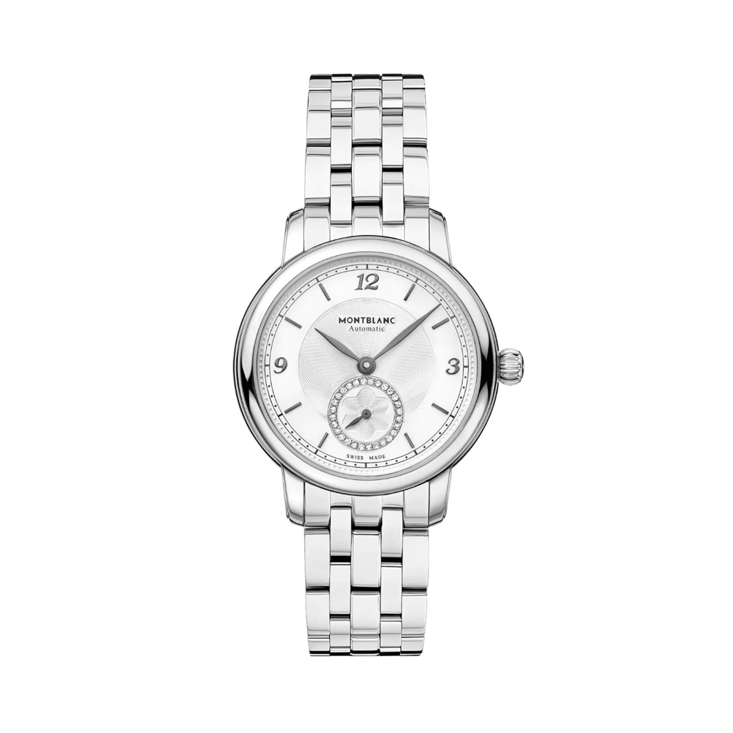 Montblanc, Star Legacy with a 32mm stainless steel case and bracelet strap and a small second hand and a diamond set, white dial.
