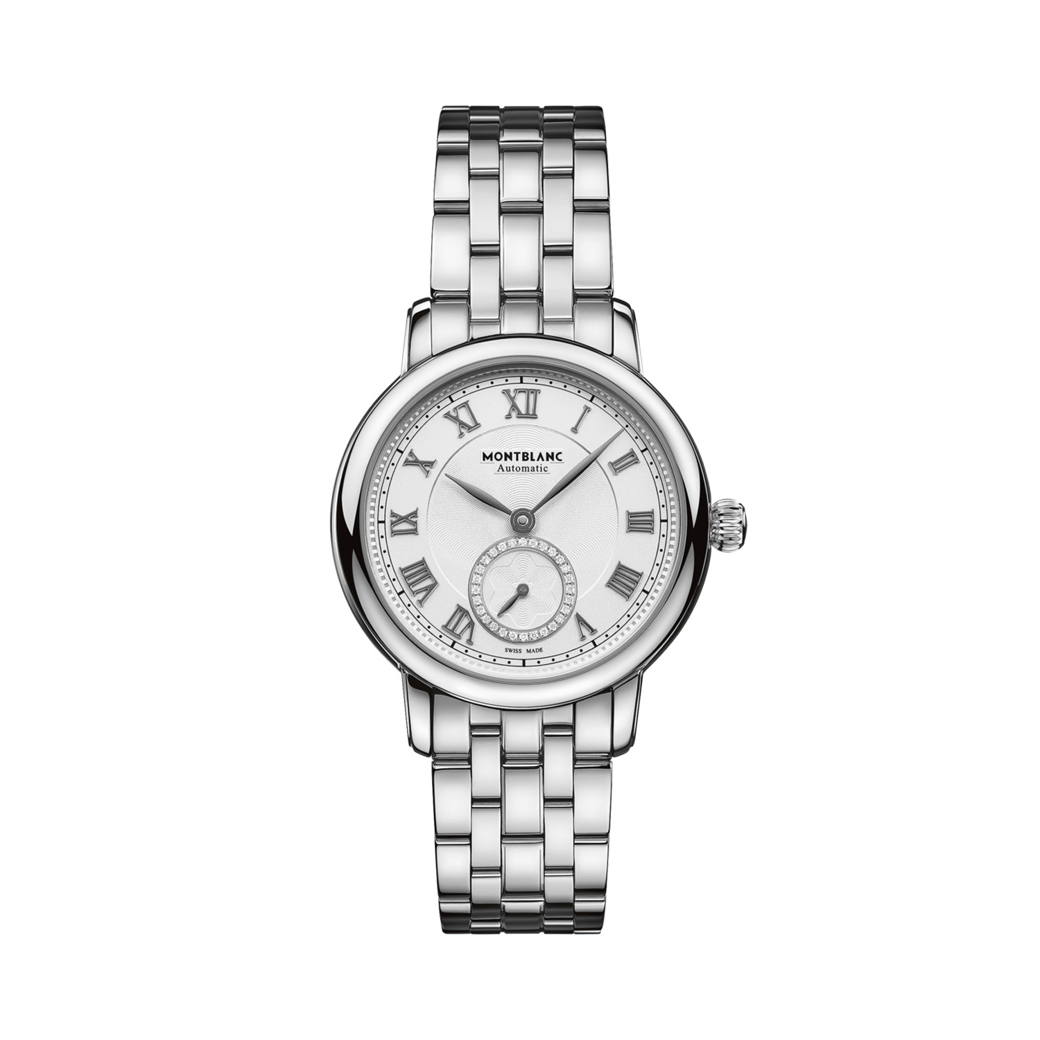 Montblanc, Star Legacy Diamond Dial Steel Strap, Automatic Women's Watch Montblanc, Star Legacy with a 32mm stainless steel case and bracelet strap featuring a small second hand and diamond set white dial.