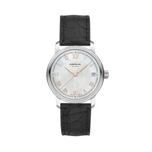 Montblanc, Tradition with a 32mm stainless steel case and black leather strap featuring a date function and mother of pearl dial.