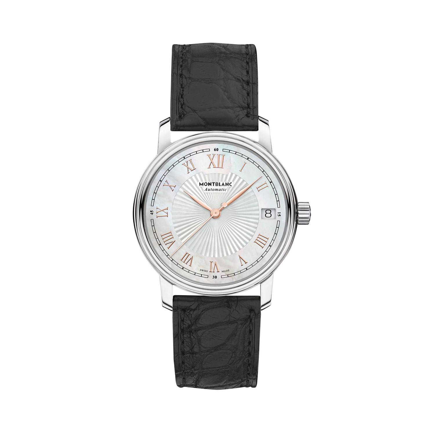 Montblanc, Tradition Mother of Pearl, Automatic Women's Watch Montblanc, Tradition with a 32mm stainless steel case and black leather strap featuring a date function and mother of pearl dial.