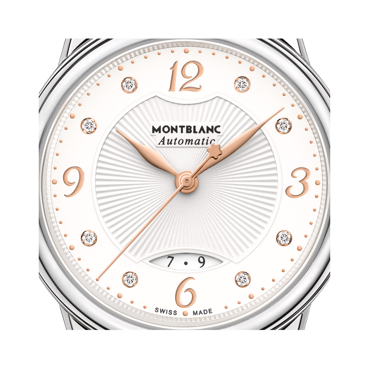 Montblanc, Bohème with a 30mm stainless steel case and black leather strap featuring a date function and a diamond set, white dial.