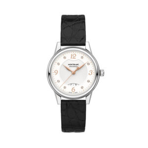 Montblanc, Bohème with a 30mm stainless steel case and black leather strap featuring a date function and a diamond set, white dial.