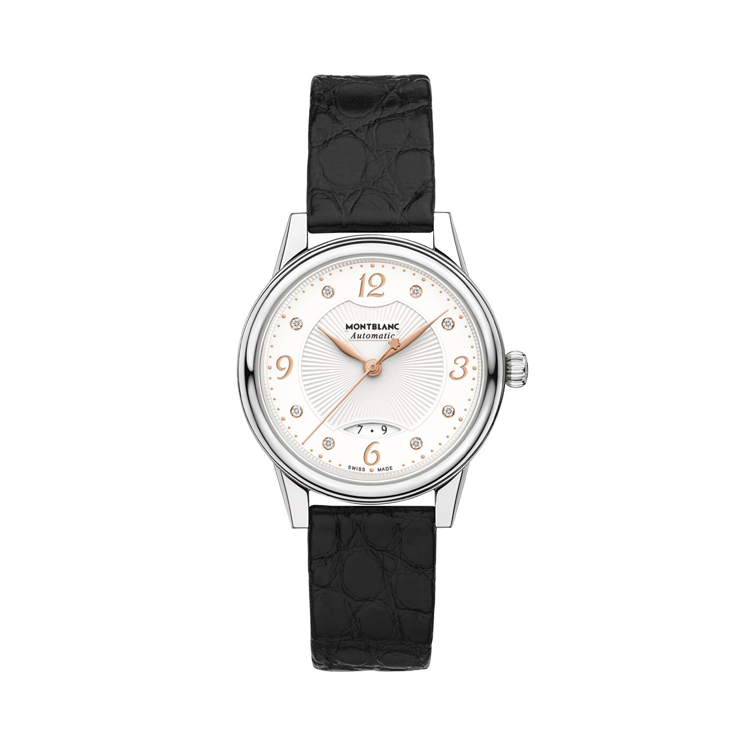 Montblanc, Bohème with a 30mm stainless steel case and black leather strap featuring a date function and a diamond set, white dial.