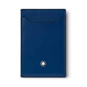 A Montblanc, Meisterstück pocket holder crafted in blue deep shine leather featuring three card slots with a pure geometric deisgn for maximum functionality that can fit into most pockets.