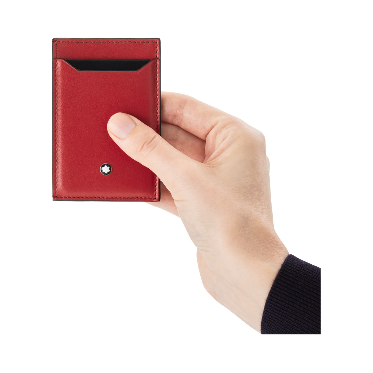 A Montblanc, Meisterstück pocket holder crafted in red deep shine leather featuring three card slots with a pure geometric deisgn for maximum functionality that can fit into most pockets.