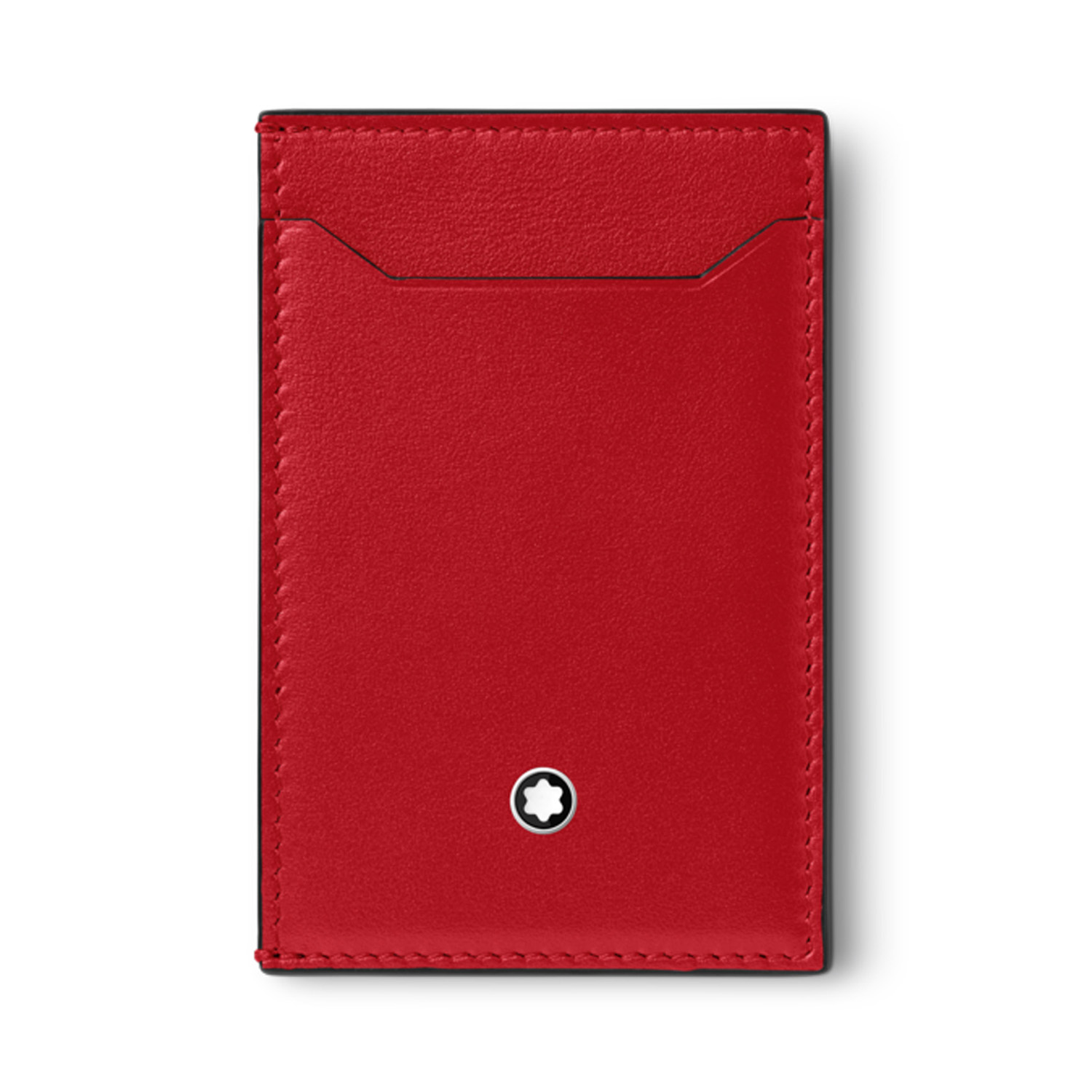 A Montblanc, Meisterstück pocket holder crafted in red deep shine leather featuring three card slots with a pure geometric deisgn for maximum functionality that can fit into most pockets.