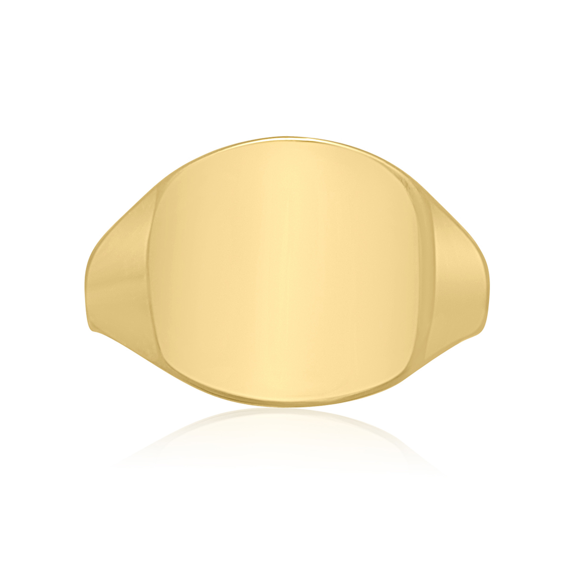 A 9ct yellow gold cushion shaped signet ring with a polished finish.