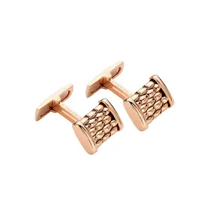A pair of rose gold bar cufflinks on a white background.