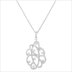 A diamond set fancy pendant in white gold on a white gold chain with a white background.