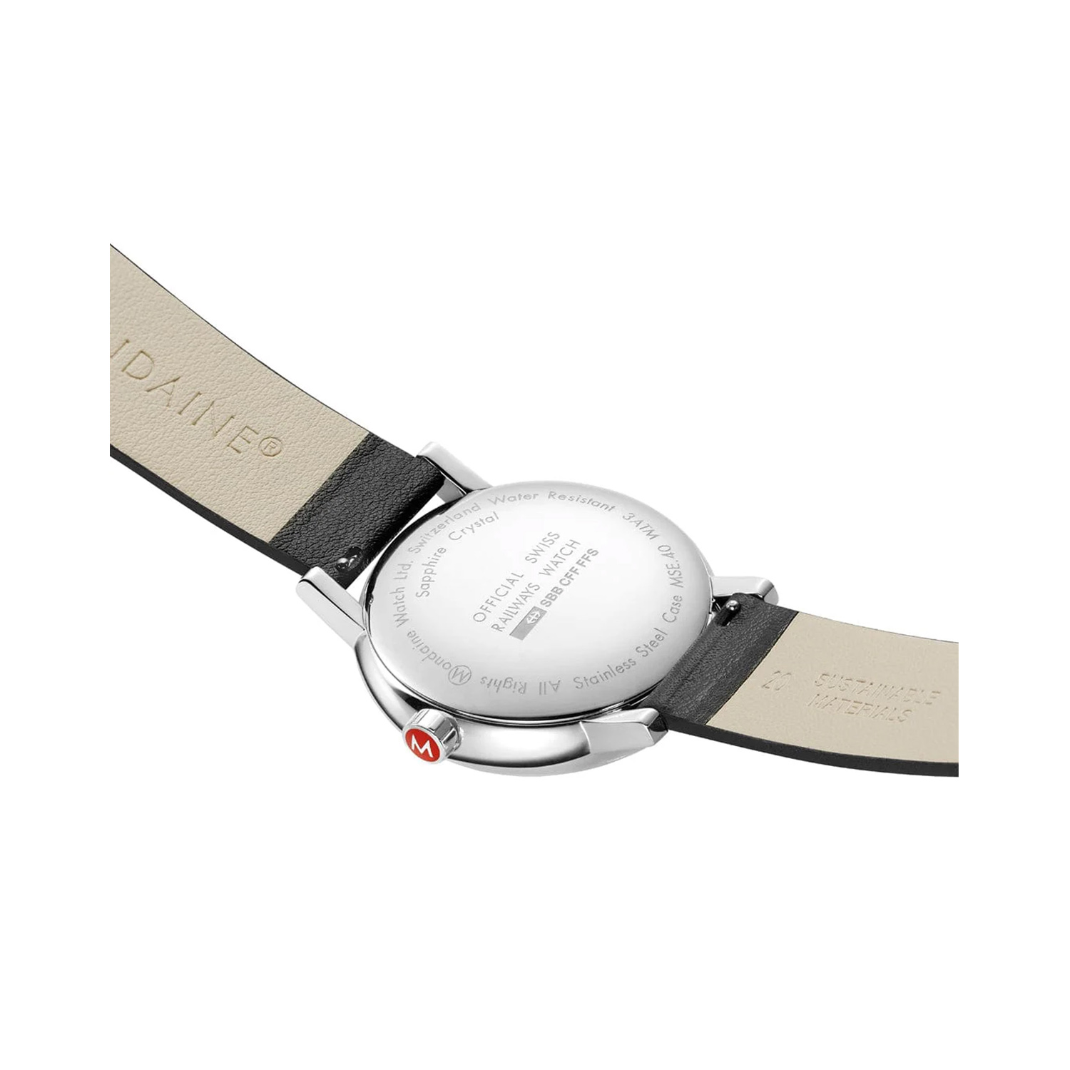 Mondaine, evo2 with a 40mm stainless steel case and a black vegan grape leather strap featuring a white dial.