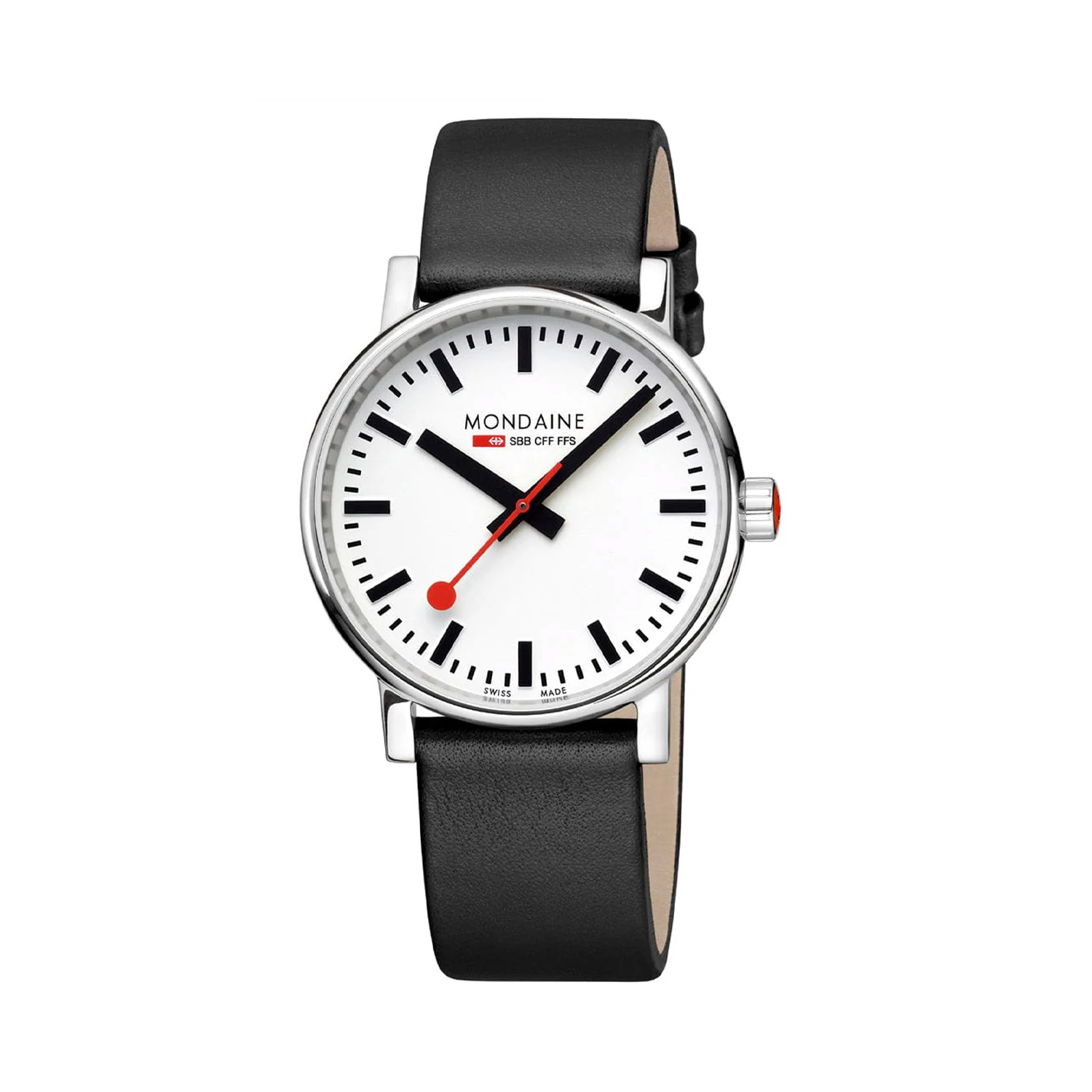 Mondaine, evo2 with a 40mm stainless steel case and a black vegan grape leather strap featuring a white dial.